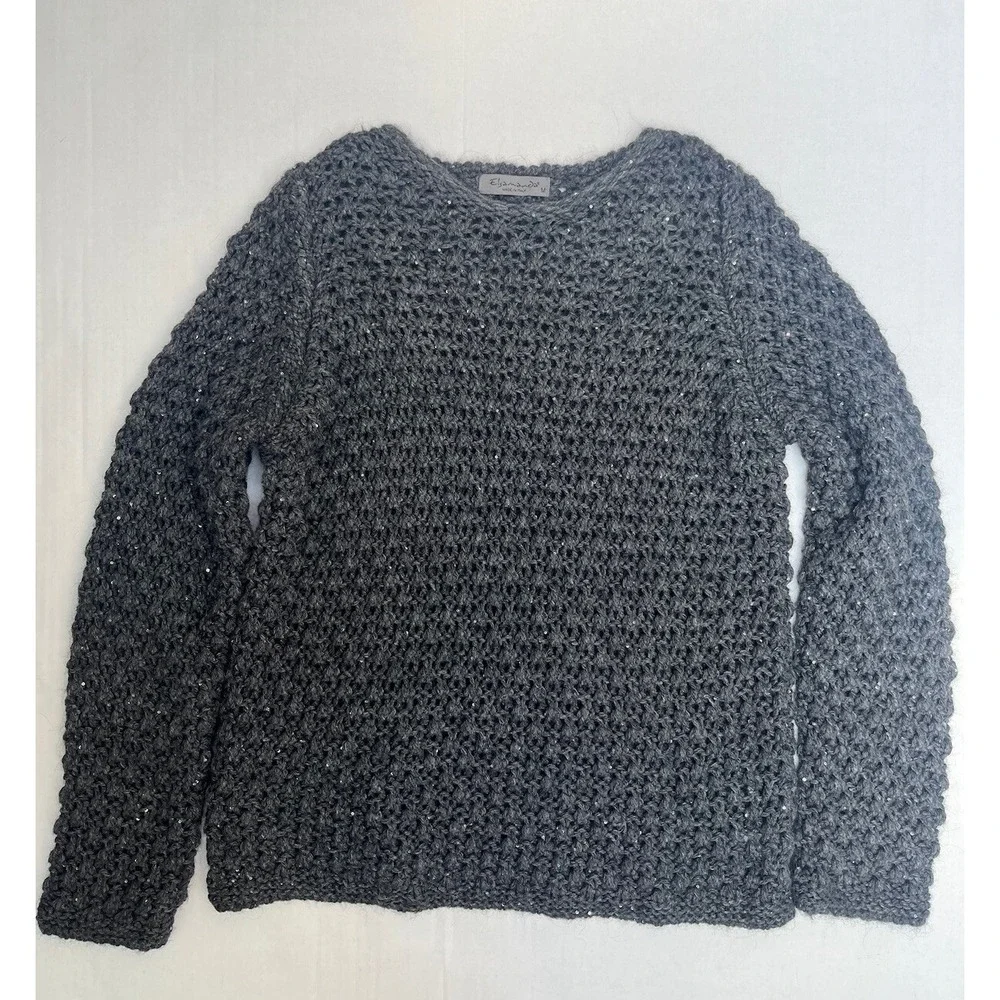 ELSAMANDA Womens Gray Open Knit LS Sweater Size M Sparkles Made In‎ Italy